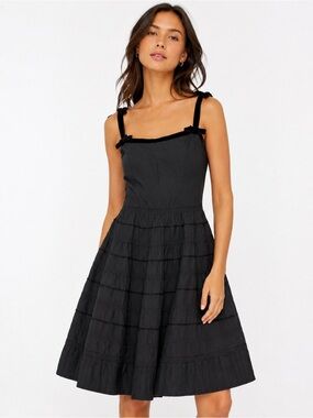 Odille Anthropologie Black Silk Cotton Fit & Flare Dress Velvet Trim Size 6
